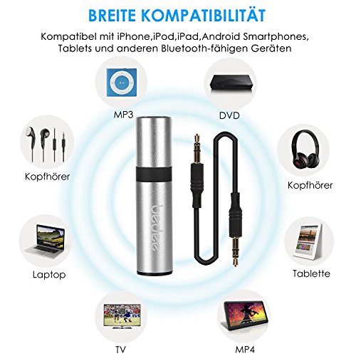 Bluetooth Receiver, bedee Mini Bluetooth Empfänger 3.5mm Drahtlos Adapter Built-in Microphone Unterstützung Freisprecheinrichtung für KFZ Autoradio / Lautsprechersystem / Kopfhörer / TV / Handy Audiogeräte + Stereo Audio Kable ( Silber )