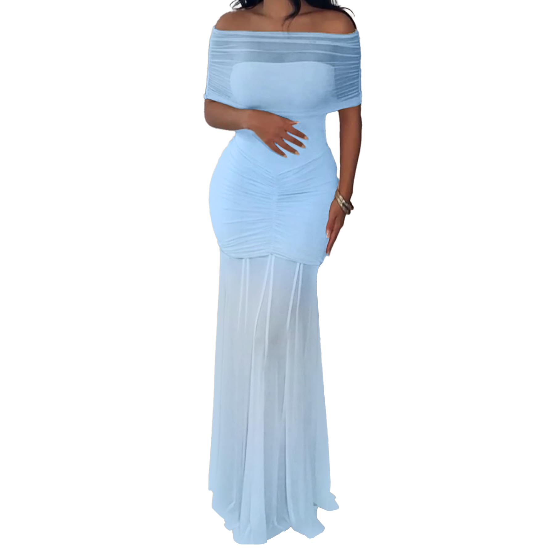 Photo 1 of HJKOUYT Women Sexy Off Shoulder Bodycon Maxi Dress Mesh Splicing See-Through Ruched Long Dress Blue