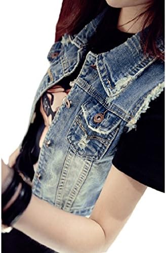 Locry Women Sleeveless Jean Vest Frayed Denim Waistcoat (S)
