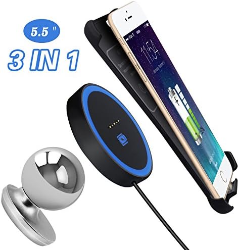 Wireless Charger Charging Pad Dock with Car Phone Magnetic Mount and iphone 6 Plus / 6S Plus (5.5"iPhone) Receiver Case Set(Black)