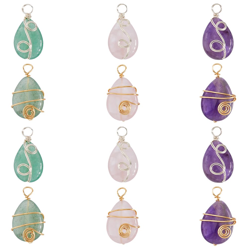 SUPERFINDINGS 12Pcs Teardrop Gemstone Pendants Copper Wire Wrapped Stone Charm Colorful Quartz Pendant for DIY Jewelry Making Necklaces Crafts Findings, Hole:3.4~3.6mm — image 1