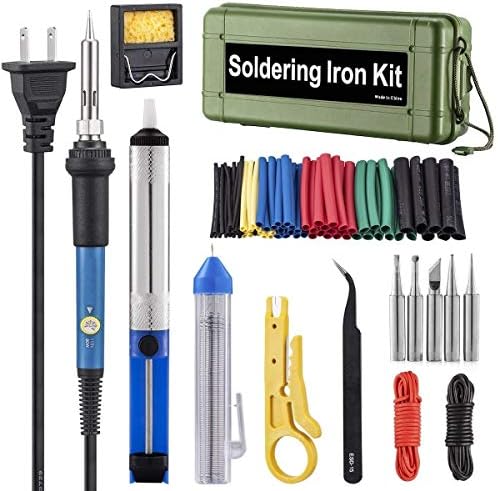Soldering Iron Kit,Including 60W Temperature Control Soldering Iron, 130PCS Heat Shrink Tubes, Tips, Solder Sucker, Solder Wire, Tweezer (green tool case)