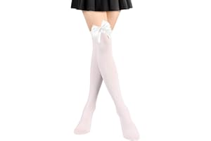 NONSOMPLE Women’s Satin Red Bow Thigh High Stockings White Silk Over Knee Long Socks for Costume