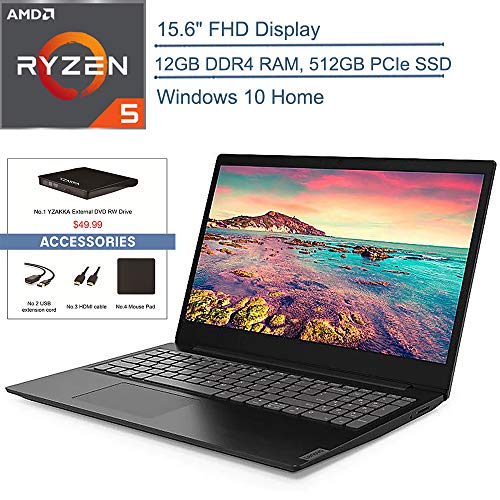 2020 Lenovo IdeaPad S145 15.6″ FHD Laptop Computer, AMD Ryzen 5 3500U Quad-Core Up to 3.7GHz (Beats I7-7500U), 12GB DDR4 RAM, 512GB PCIe SSD, AC WiFi, Windows 10, YZAKKA USB External DVD + Accessories
