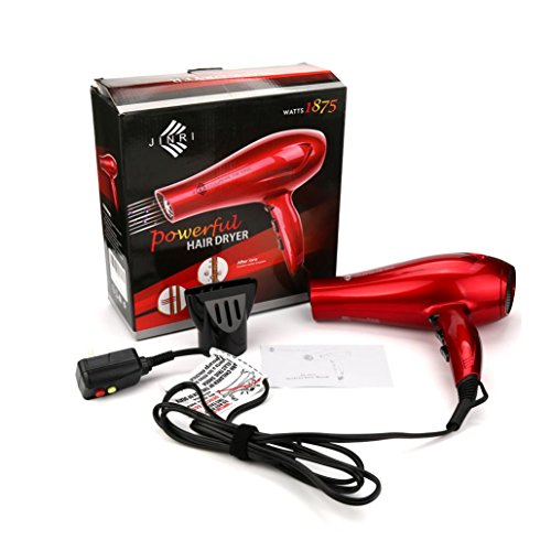 Click Here to See More Images JINRI-021 1875W Professional Lightweight Powerful Lonic Long Lasting DC Motor 2 Speed 3 Heat Hair Dryer with Concentrator, 2.2 Meters Cord with ALCI Safety Plug (1875W, Red)