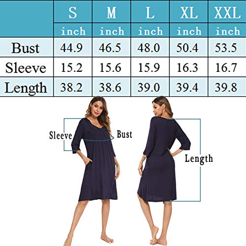 YYA Womens Sleepwear, Lace V Neck Soft Pleated Sleepwear for Women 3/4 Sleeve Navy S