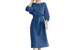 SHOPESSA Linen Dresses for Women 2024 Casual Solid Color Work Dress Long Sleeve Tie Waist Knee Length Dress Boho Dress