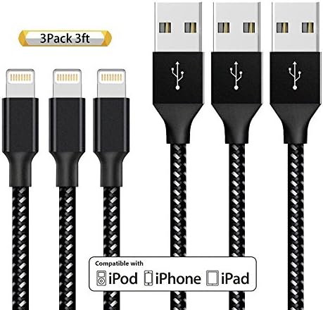 Lightning Cable, MXKICKJ Charger Cables 3Pack 3FT to USB Syncing and Charging Cable Data Nylon Braided Cord Charger for iPhone X, 8, 8Plus 7/7 Plus/6/6 Plus/6s/6s Plus/5/5s/5c/SE and more (Black)