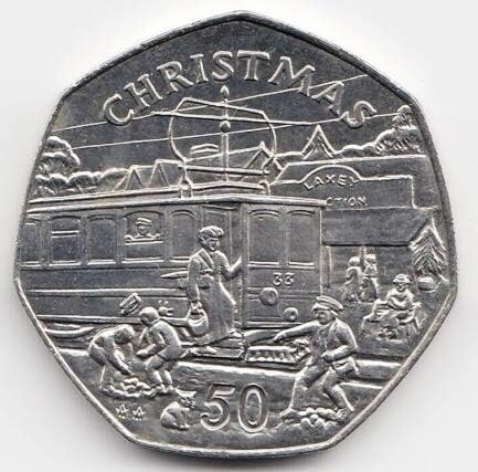 Isle Of Man [1989 IOM Xmas] Christmas Electric Tram Unc Large 50p 7 Side Coin with Capsule Holder