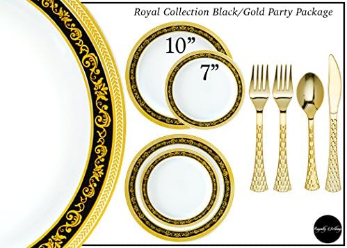Royal Collection Disposable Plastic Plates for Parties for 80 Persons, Includes 80 Dinner Plates, 80 Salad Plates, 160 Forks, 80 Spoons, 80 Knives, Black and Gold Rim