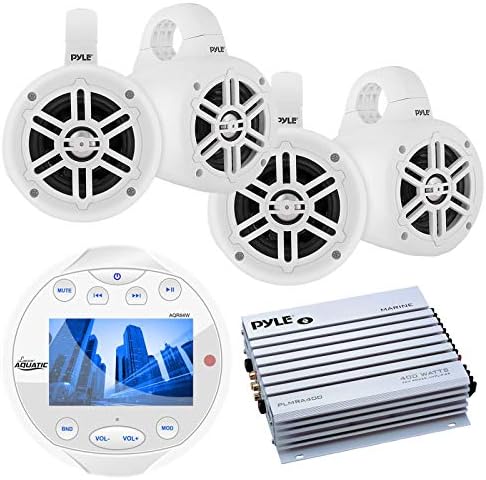 Lanzar Waterproof Bluetooth Marine Digital Media Receiver Stereo Radio Round White, 4" Waterproof Wakeboard 300 Watt Tower Speakers White - 2 Pairs, Pyle 4 Channel 400 Watt Weatherproof Amplifier