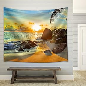 Tropical Beach at Sunset - Nature Background - Fabric Wall Tapestry Home Decor - 51x60 inches