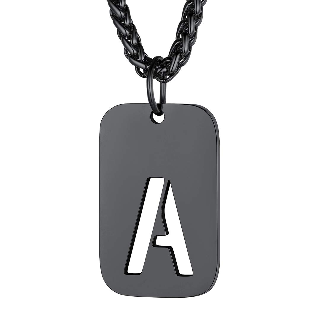 FindChic Personalised Black Dog Tags for Men or Women Chain Necklace with Letter A Stainless Steel Mens or Womens Initial Necklace — image 1