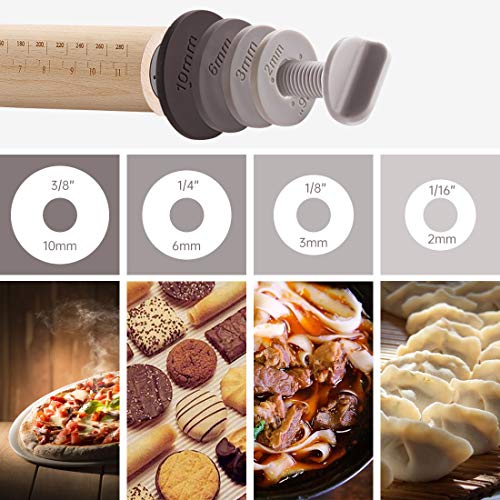Rolling Pin, Adjustable Rolling Pin with Removable Thickness Rings, Beech Wood Rolling Pin for Baking Pizza, Pie, Pastries, Pasta, Cookies