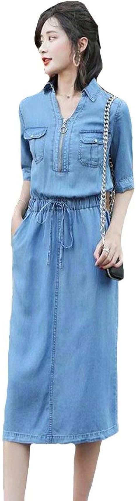 Amazon Co Jp Pasa レディース ロングワンピース 薄手 半袖 デニム ワンピースロング シャツ Vネック チュニック ワンピース 可愛い ゆったり 服 ファッション小物