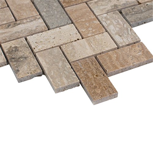 Maykke 12" x 12" Sadie Chevron Mosaic Wall and Floor Tiles (10-Pack) | Bathroom, Kitchen, Laundry Room Backsplash, Flooring, 10 Sq Ft Total | Natural Travertine Marble, YOA1050101