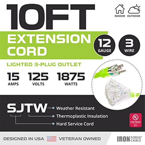 Iron 10 Ft Heavy Duty Lighted End Outdoor Extension Cord with 3