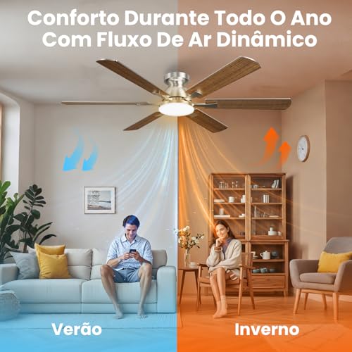 Ventilador de Teto com Controle Remoto, 127/2220V, 132.08cm, 6 Velocidades Função Reversa Luz LED 3 Cores com Memória Motor BLDC Silencioso