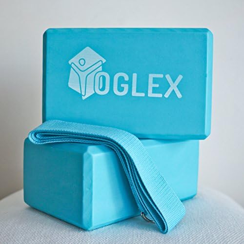 Set of 2 Yoglex Blue Durable Premium Quality Large Size 4"x6"x9" Yoga Blocks with Blue Yoga Strap, Yoga Starter Kit