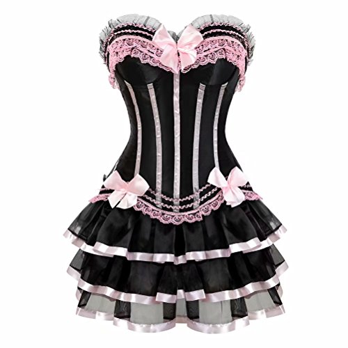 Corsetto-Abito-Striscia-Pizzo-Fiori-Bustino-con-Gonna-Tutu-Barocco-Intimo-Elegante-Burlesque-Donna
