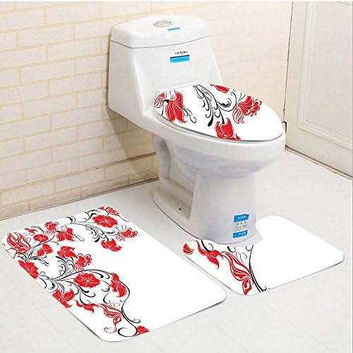 Keshia Dwete three-piece toilet seat pad customRed and Black Japanese Asian Flowers Swirls Ivy and Leaves Butterflies Image Scarlet and White