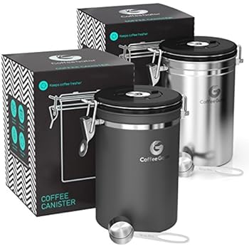 Coffee Canister - Coffee Gator Stainless Steel Coffee Container - Fresher Beans and Grounds for Longer - Date-Tracker, CO2-Release Valve and Measuring Scoop - 2-Pack, Silver/Gray