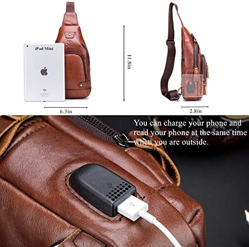 BULLCAPTAIN Sling Bag Crossbody Backpack with USB Charging Port Genuine Leather Hiking Travel Daypack XB-129 (Brown) 4 BULLCAPTAIN Sling Bag Crossbody Backpack with USB Charging Port Genuine Leather Hiking Travel Daypack XB-129 (Brown)