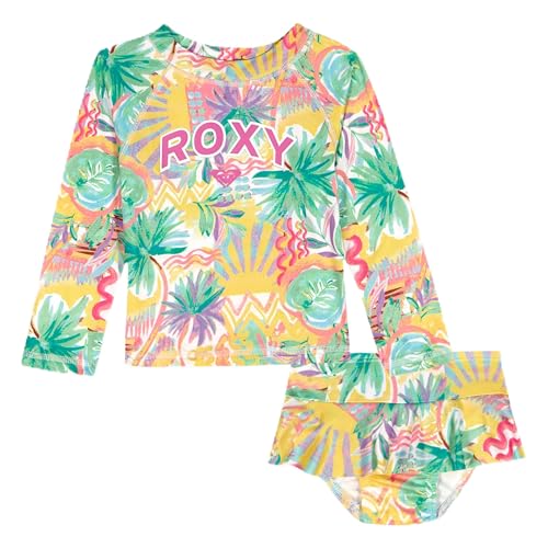 Roxy Girls Two-Piece Rash Guard Swim Set with Bikini Bottoms, Green Floral, 3T