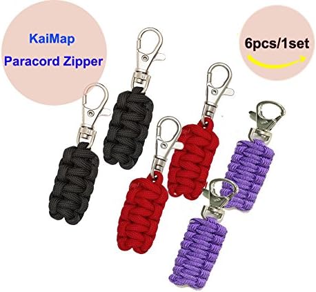 kaimap Paracord Zipper Pulls 6Pack(2-black,2-Purple,2-Red) for Backpacks, Tents, Trolley Cases, Traveling Cases, Jackets and Many other Items that with Zippers,Variety of Colors | Metal Hook Thin