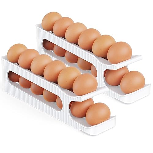 Egg Holder Storage, 2 Tiers Space Saving Automatically Rolling Egg Dispenser Container Tray for Fridge Organiser, Kitchen - 2 Pack