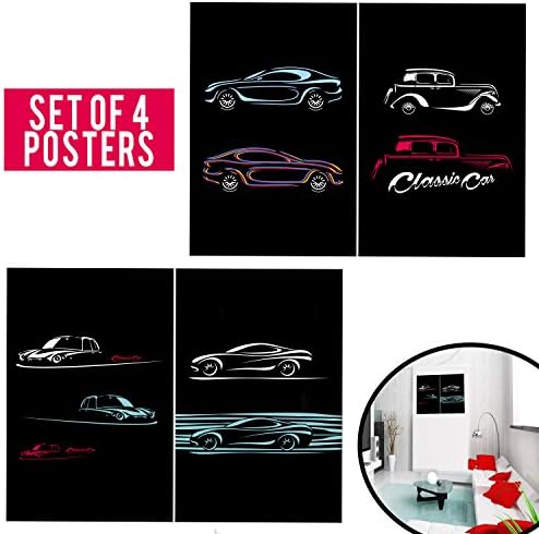 Set of 4 11x17 Car Poster Gifts For Him. Cool Wall Art for Men Perfect for Garage, Home Bar, Arcade, or as Corporate Present. This Man Cave Decor is Cool Stuff for Guys the Have.