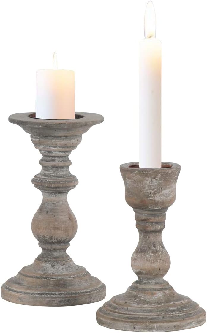 DOCHEER Retro Wood Pillar Candle Holders Set of 2 Shabby Chic Vintage Wooden Candlesticks H7.0 inch, H6.0 inch, Home Decorations for Living Room, Dining Room Table,Kitchen, Party, Wedding