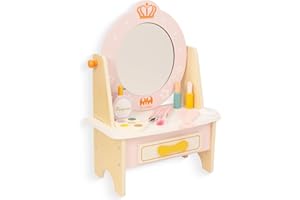 WoodenEdu Wooden Vanity Set for Kids, Pretend Play Toddler Makeup Vanity Toys with Mirror, Beauty Salon Set Includes Makeup Accessories, Little Girls Gifts for Age 3+ (Pink)