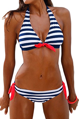 Imilan Women's Halter Bikini Set Stripes Padded Swimsuit Beachwear Bathing Suit ((US 4-6) M, Blue 1)