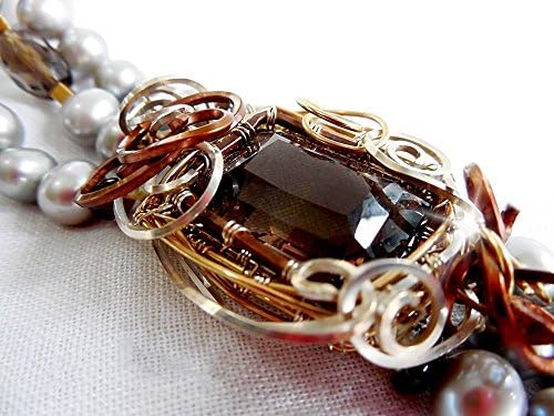 Gray Pearl Bracelet Wrapped Smoky Quartz Focal Stone Gold Filled Copper and Silver Field Wrapped Gemstone Layered Pearl Bracelet