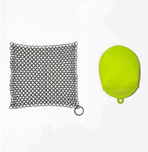 Cast Iron Cleaner Chainmail Scrubber 8” X 6” Stainless Steel 316L for Cast Iron Pan Pre-Seasoned Pan Dutch Ovens Waffle Iron Pans + Silicone Washing Scrubber for Dishwashing, Fruit and Non-stick pan