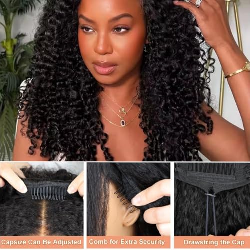 Human Hair Wig Curly Human Hair Half Wig Half Head Burmese Curly Brazilian Glueless with Spiral Curly Ends 3 in 1 Drawstring Seamless Clip Ins Flip Over Natural Black 24 Inches
