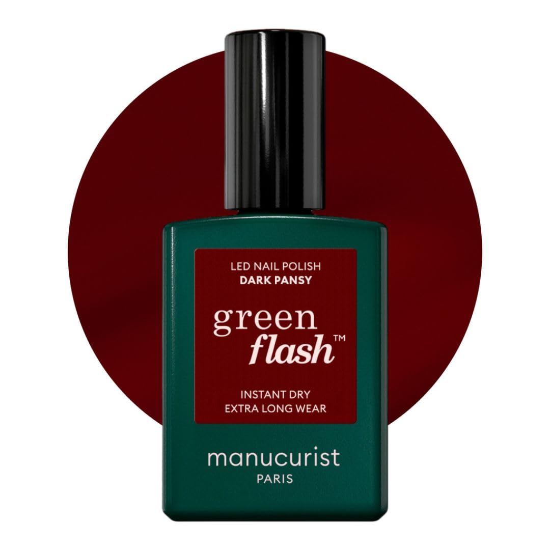 Manucurist Green Flash LED Dark Pansy Red Gel Nail Polish - Vegan, 12-Free, Plant-Based - Strengthens and Protects the Nail - Burgundy Gel Polish - Made in France - 15 ml