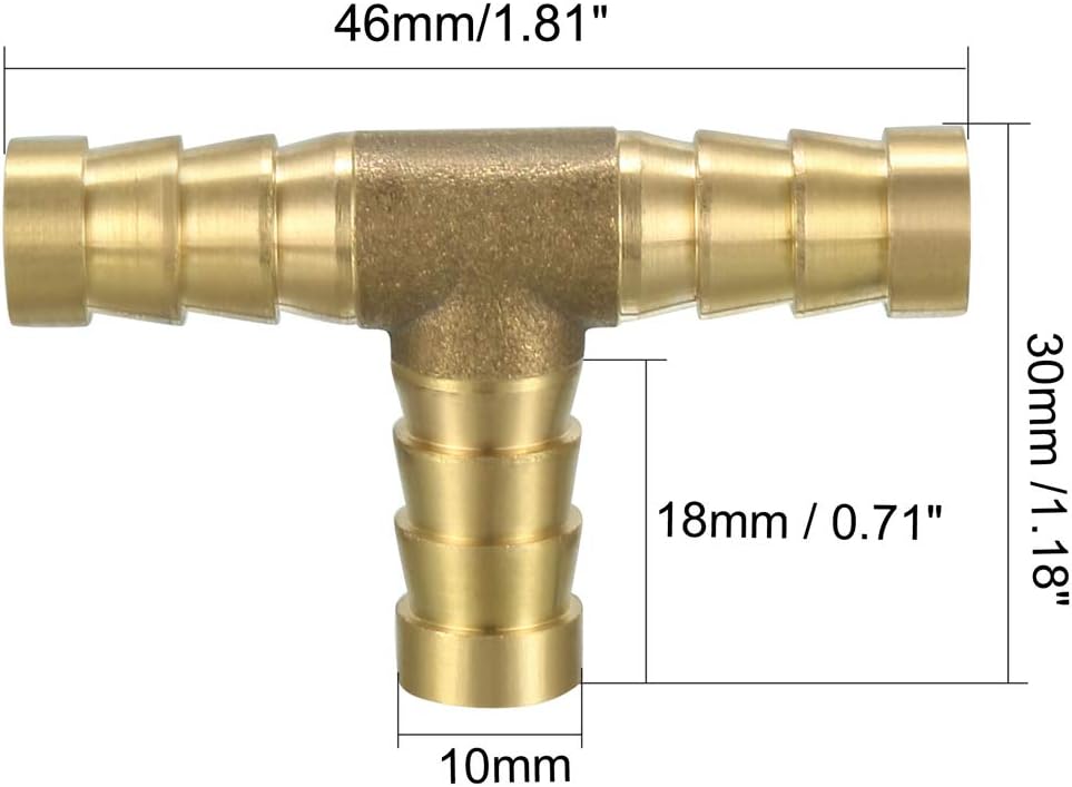 sourcing map 3/8" 10mm Brass Barb Hose Fitting Tee T 3 Way Barbed Pipe Connector, Gold Tone, 1.81-inch x 1.18-inch - Image 3