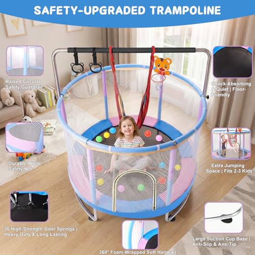 60” Toddler Trampoline with Swing & Gymnastics Bar, Indoor Outdoor Kids Trampoline with Safety Enclosure Net, Gifts for Boys & Girls Age 2-14