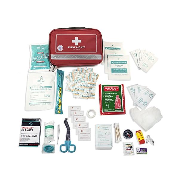 Always-Prepared-First-Aid-Medical-Kit-in-Red-Fabric-Bag-with-Reflective-Strip-100-Pieces