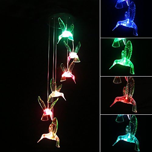 Punming Solar Wind Chime Changing Colors Solar LED Six Hummingbird Mobile Wind Chimes for Party Night Garden Outdoor Furniture Home Decoration