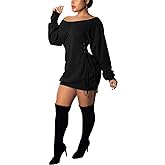 Women Casual Fall Dress - Long Bell Sleeve Pleated Bodycon Fitted Mini Work Clothes Club Outfit