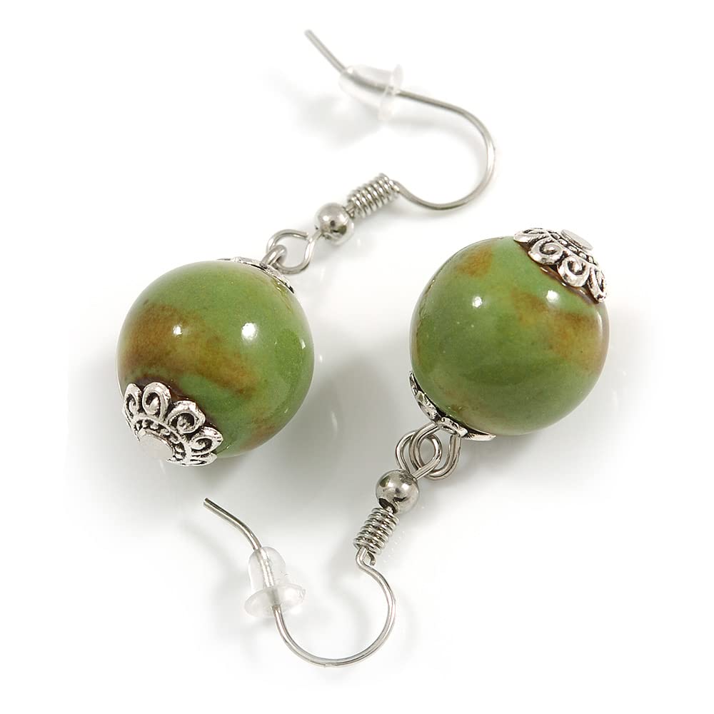 15mm Military Green Round Ceramic Drop Earrings - 35mm Long