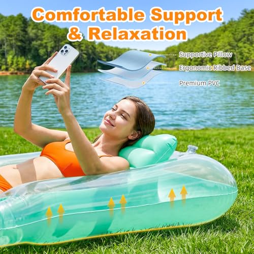HeySplash Inflatable Swimming Pool Float, Large Inflatable Floating Boat for Adults with Cup Holder and Detachable Pillow, Lake River Summer Tanning Float Crystal Green