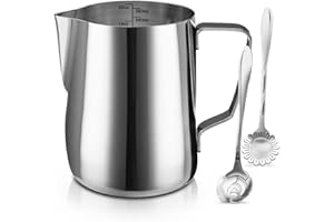 SIKEMAY Milk Frothing Pitcher Cup, 20oz/600ML Milk Frother Cup Stainless Steel Steaming Pitcher Milk Jug Coffee Latte Art Cappuccino Espresso Machine Accessories Barista Steam Pitchers Attached Dessert Spoons