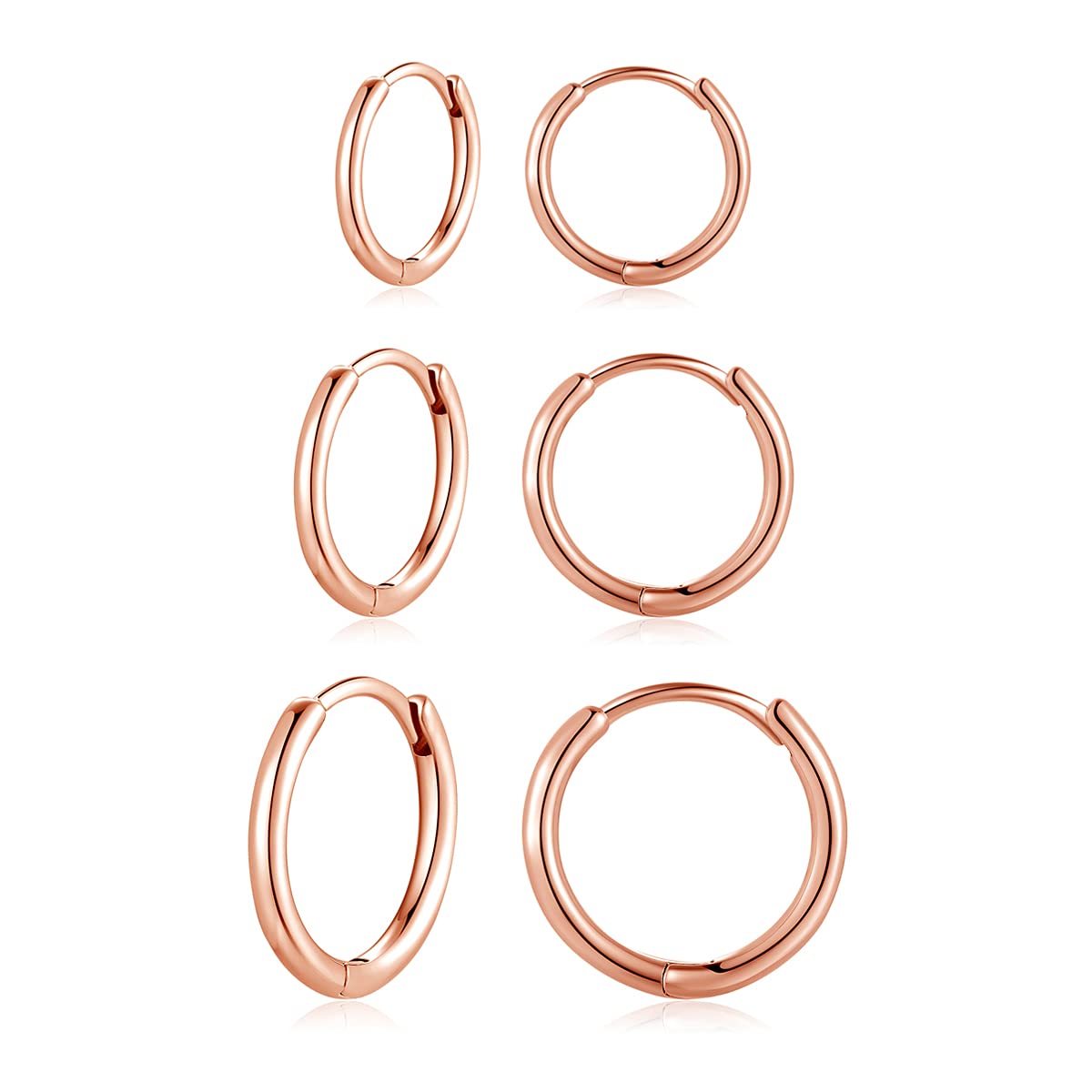 Deyanse Silver Hoops Earrings for Women, 925 Sterling Silver Rose Gold Hoop Earrings Set, Small Sleeper Huggie Hinged Hoop Earring, Hypoallergenic Unisex Hoops Earring Set in 10, 12, 14mm
