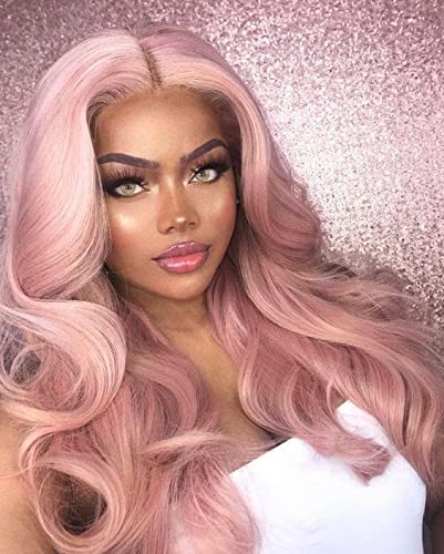 Pink Body Wave Lace Front Wig Long Baby Pink Synthetic Hair Heat Resistant Fashion Wig For Woman Drag Queen Cosplay Wigs 24 Inch (Pink/Lace Front Wig)