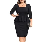 Pinup Fashion Office Dresses for Woman for Work Plus Size - Business Church Square Neck Peplum Knee Length Dress