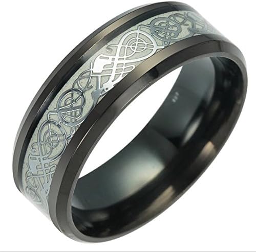 ERLUER Celtic Dragon Rings For Men Women Stainless Steel Luminou Wedding Band Ring Glow In The Drak (Silver, 8)